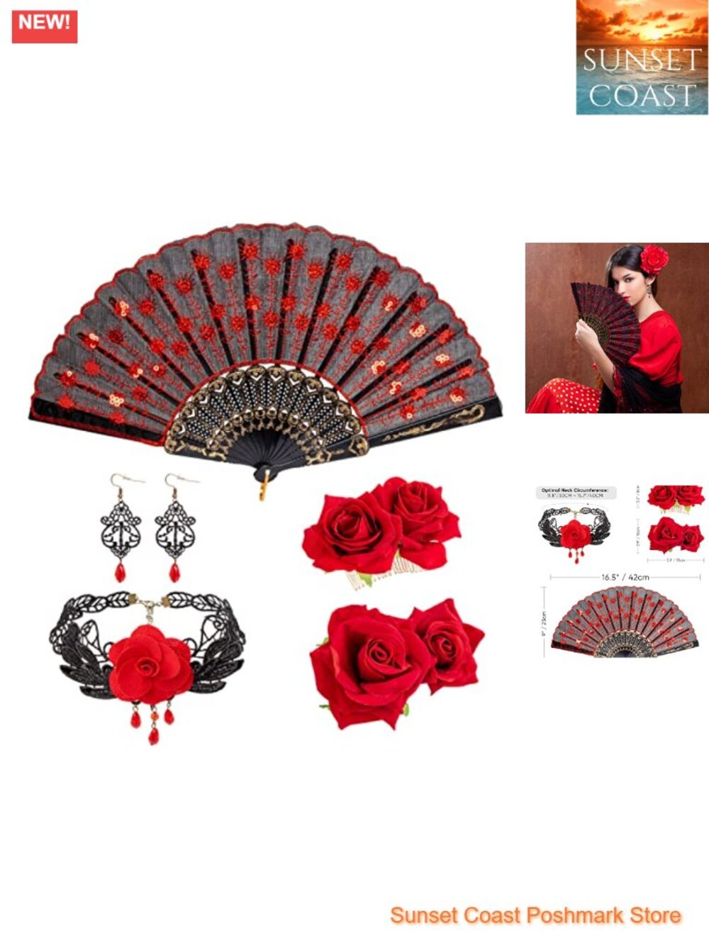 Rose Flower Hair Clips Set with Folding Fan, Lace Necklace & Earrings